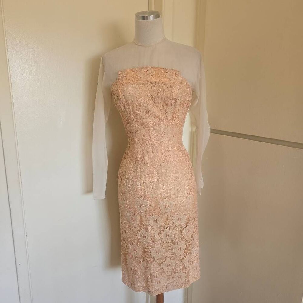 Vintage Peach/Champagne Lace Cocktail Dress, 1950s, Illusion Top, Lined,  EUC, 6